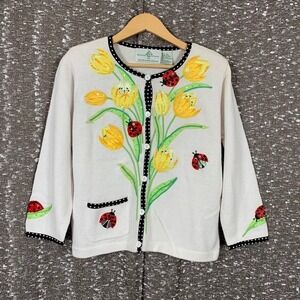 Vintage Design Options Ladybug Flower Spring Knit Cardigan Sweater Women's S